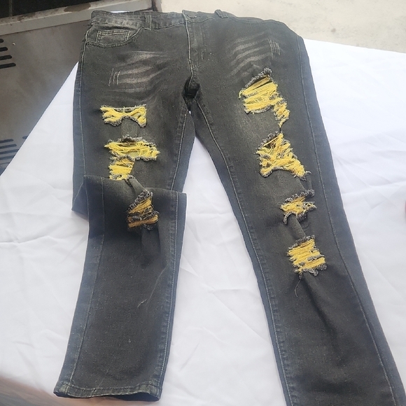 Distressed Black Jeans with Yellow Accents - Picture 1 of 5
